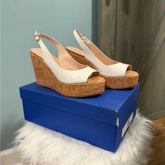 Stuart Weitzman White Cork Wedge Sandals - Picture 1 of 6